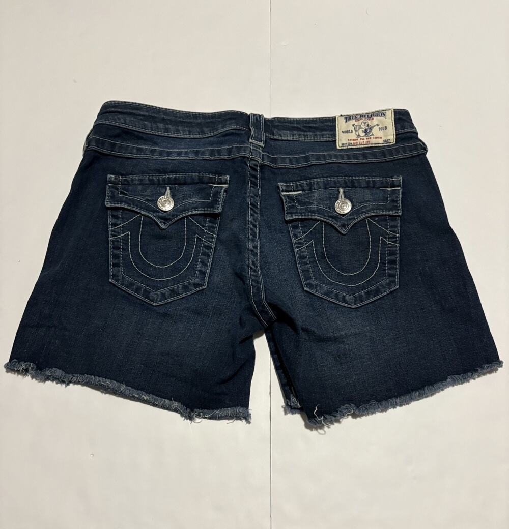 True Religion Mid Cut Off Shorts Womens 30 Dark Wash Denim Raw Hem Y2K